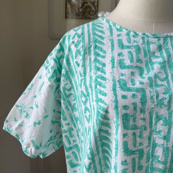 Vintage 90s Mint Green Abstract Tribal Print Shorts Shirt Set XL 1X - Picture 3 of 6